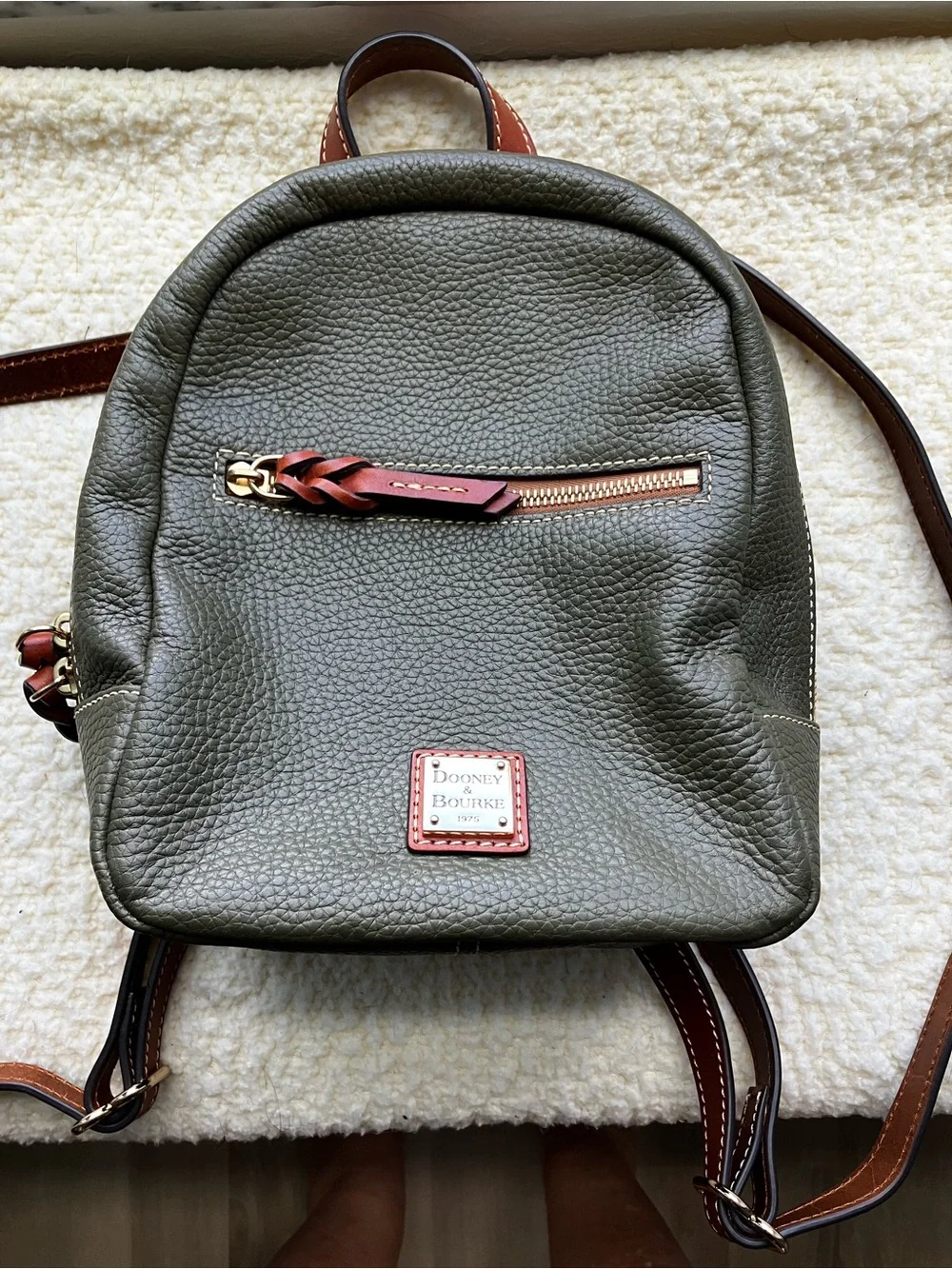Dooney & Bourke Olive Pebble Leather Mini Backpack with Brown Trim